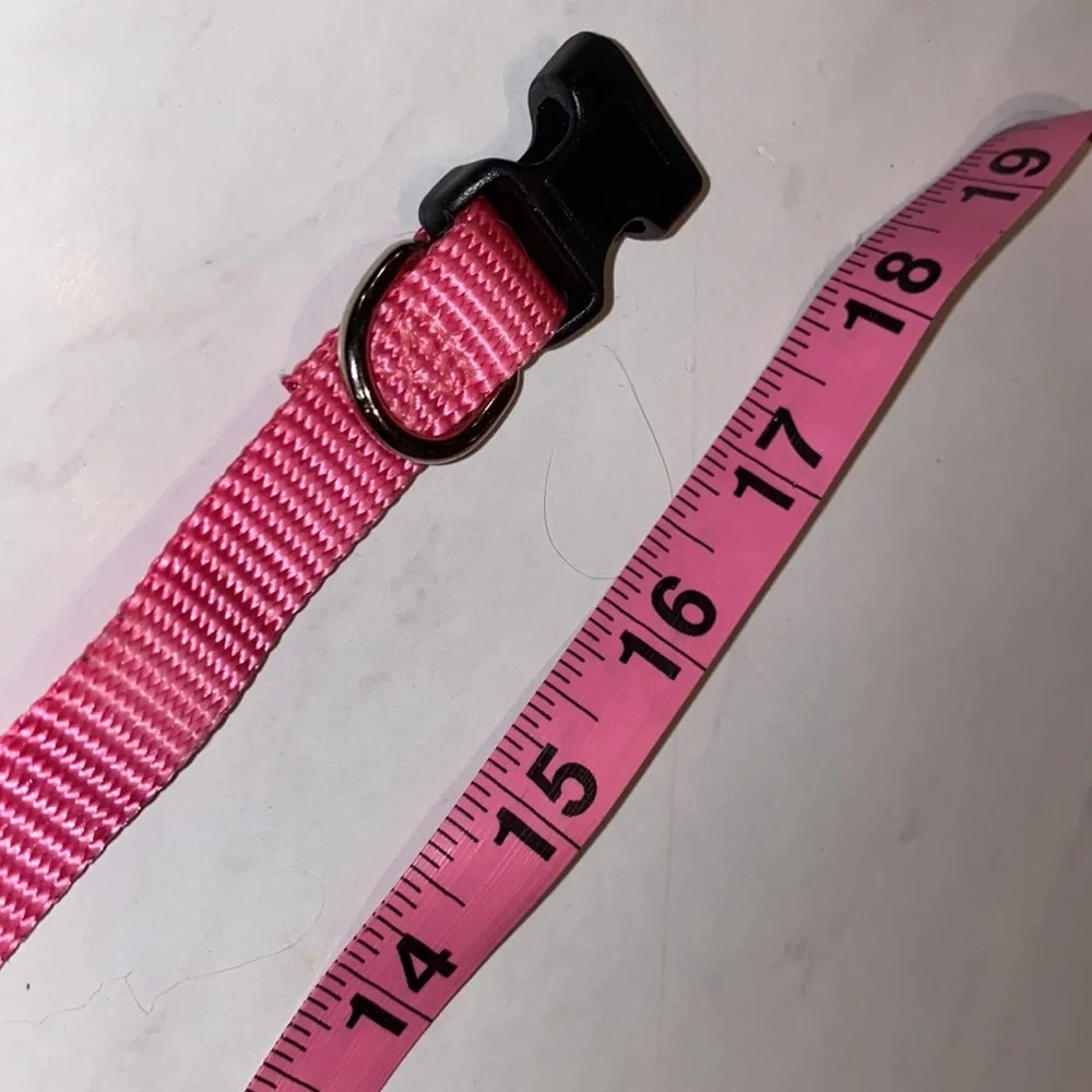 Pink pet collar, adjustable sizing, bright pink, black closure, .5” wide dog cat